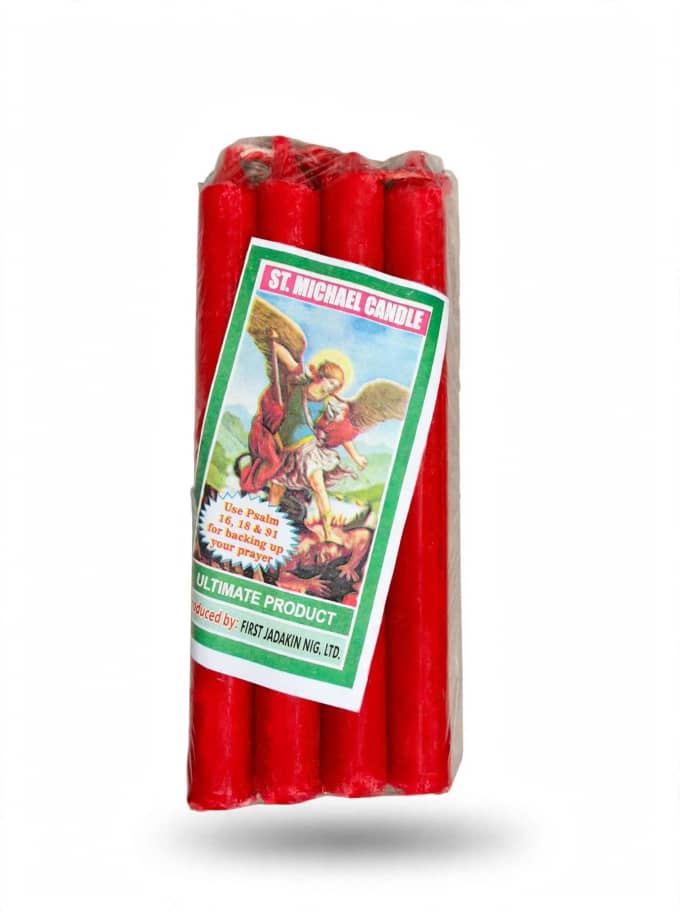 Red coloured candle — product packaging view